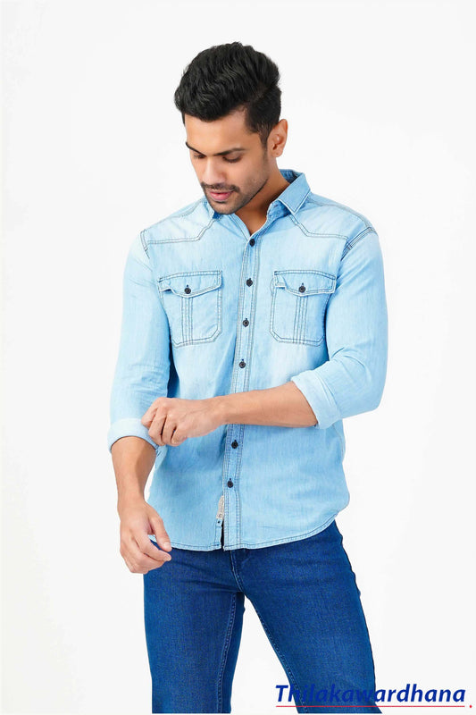 Long Sleeve Side Ripped Denim Shirt