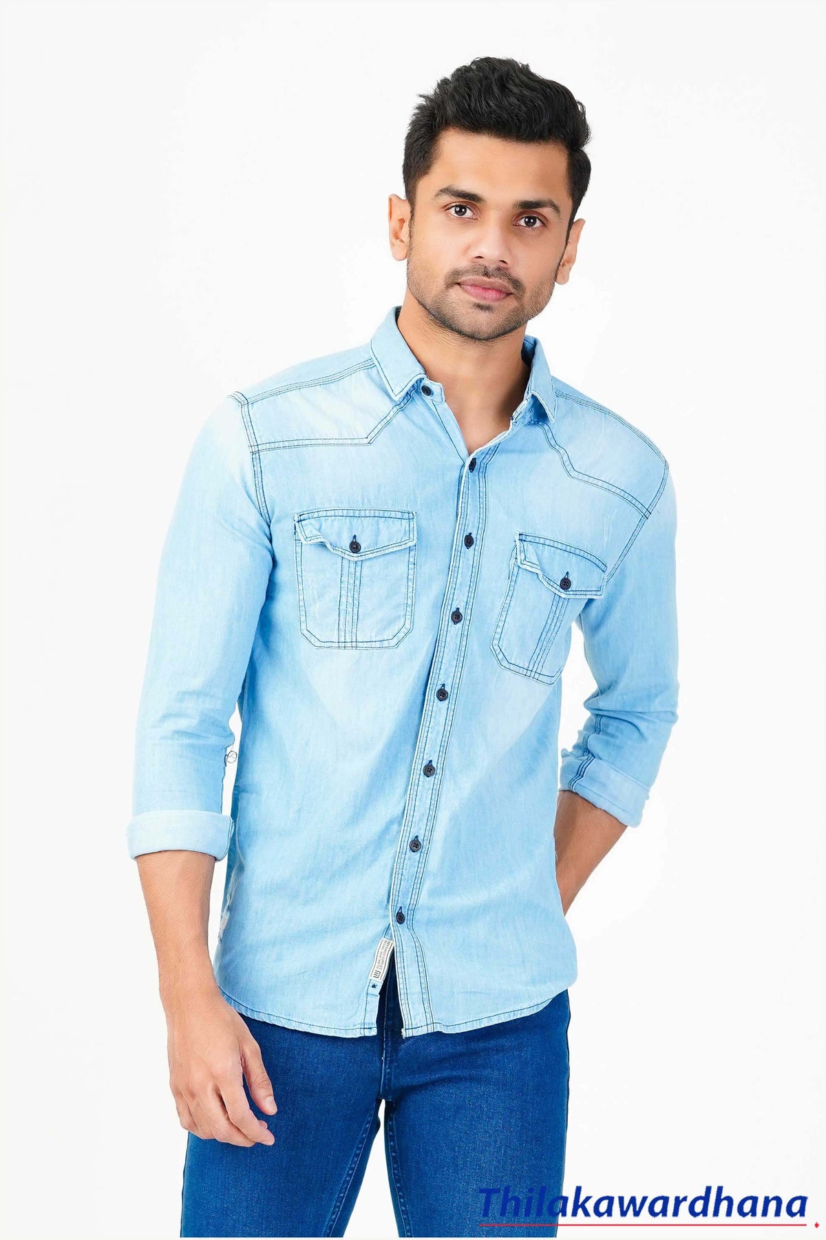 Long Sleeve Side Ripped Denim Shirt