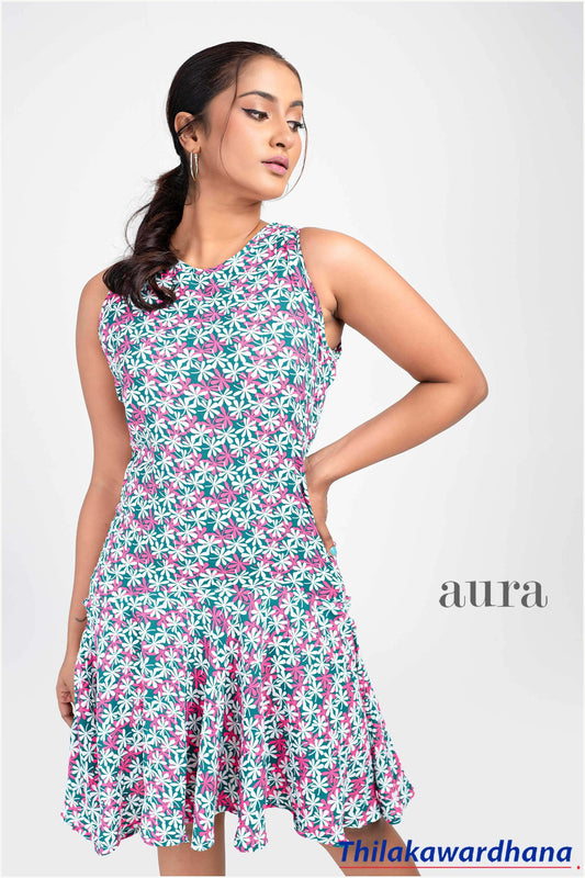 Aura Frilled Hem Sleeveless Printed Dress