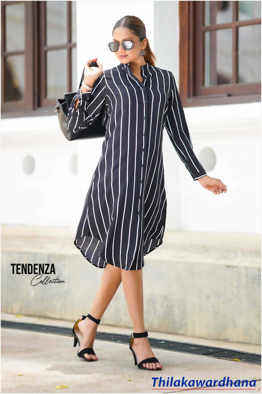 Tendenza Chinese Collar Striped Shirt Dress