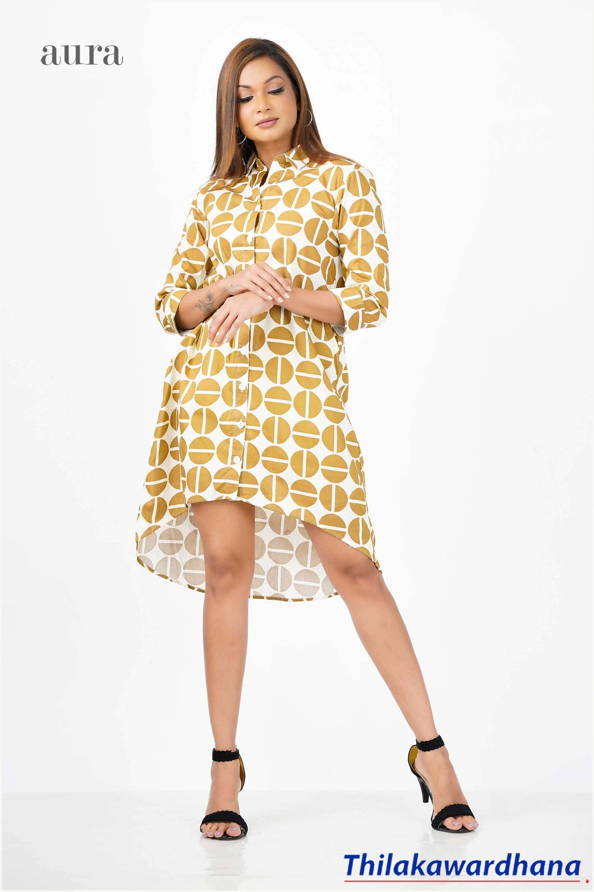 Aura Printed Linen High Low Shift Dress