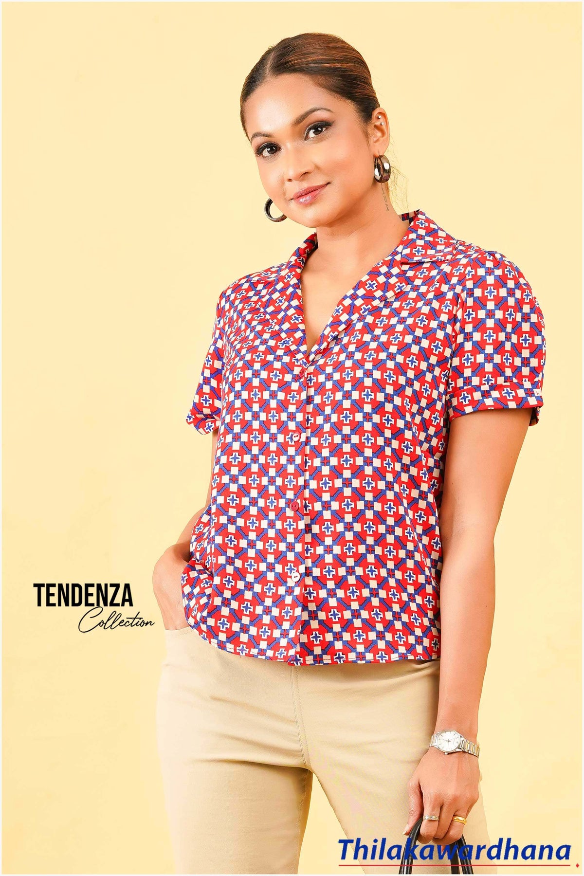 Tendenza Short Sleeve Lapel Collar Printed Top