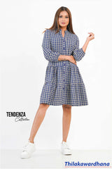 Tendenza Chinese Collar Gingham Tiered Dress