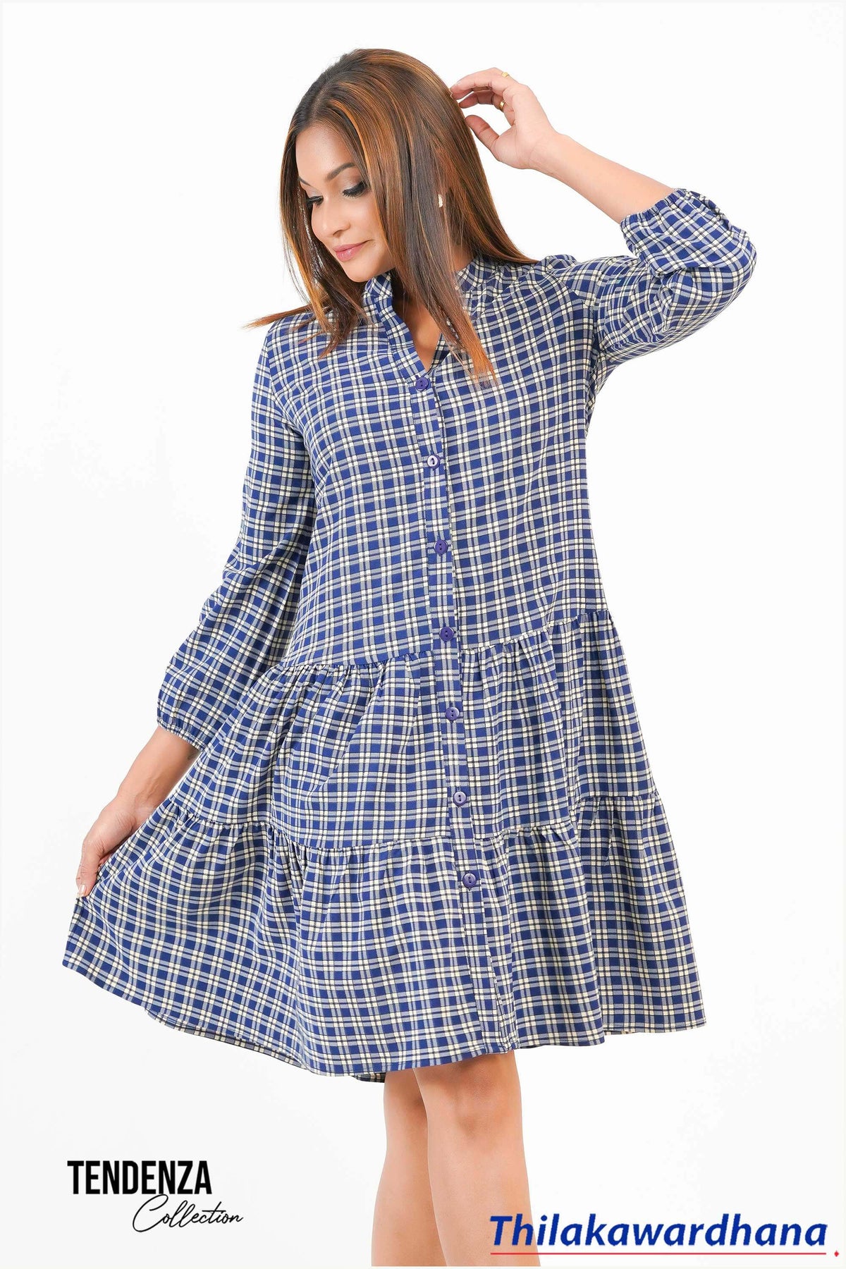 Tendenza Chinese Collar Gingham Tiered Dress