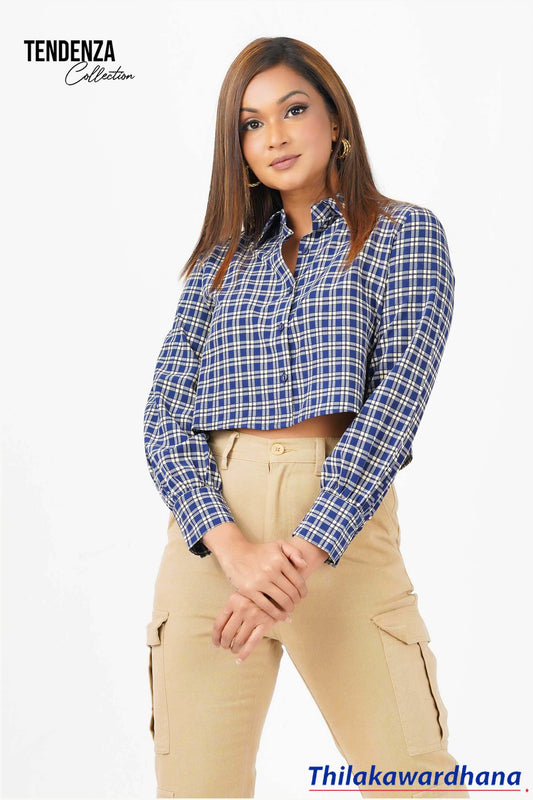 Tendenza Plaid Print Long Sleeve Crop Top