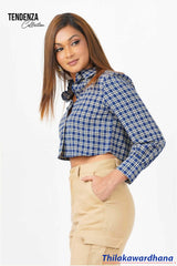 Tendenza Plaid Print Long Sleeve Crop Top