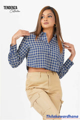 Tendenza Plaid Print Long Sleeve Crop Top