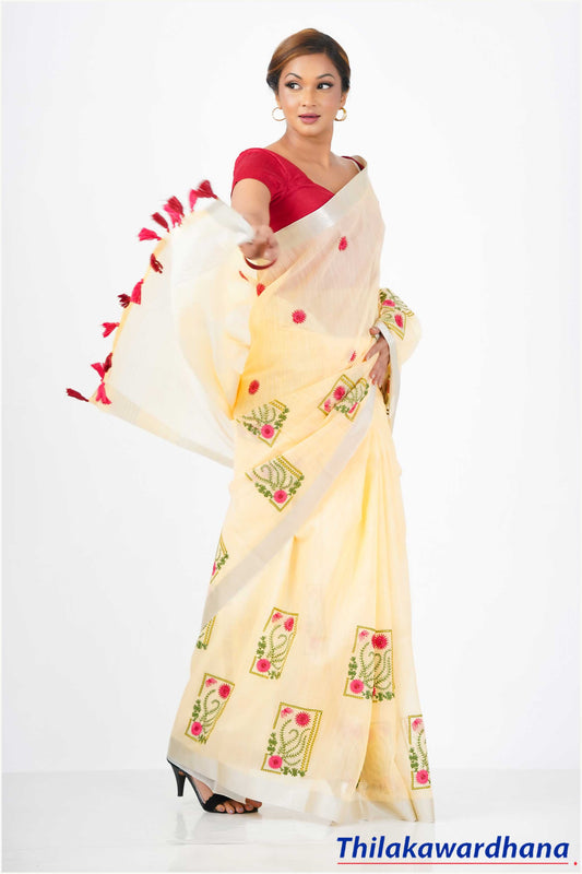 Embroidered Linen Cotton Saree