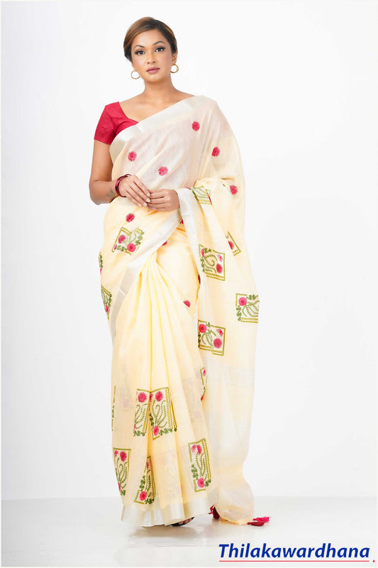 Embroidered Linen Cotton Saree