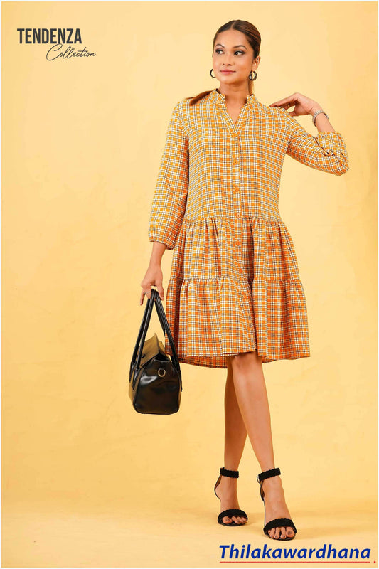 Tendenza Chinese Collar Gingham Tiered Dress