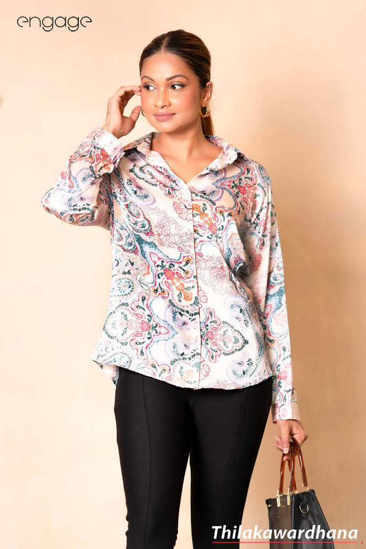 Engage Long Sleeve Printed Satin Top