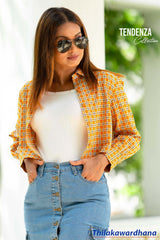 Tendenza Plaid Print Long Sleeve Crop Top