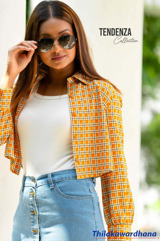 Tendenza Plaid Print Long Sleeve Crop Top