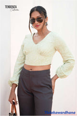 Tendenza V Neck Puff Sleeve Crop Top