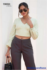 Tendenza V Neck Puff Sleeve Crop Top