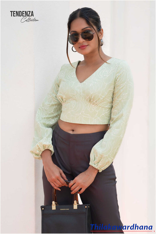 Tendenza V Neck Puff Sleeve Crop Top