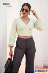 Tendenza V Neck Puff Sleeve Crop Top