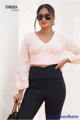 Tendenza V Neck Puff Sleeve Crop Top