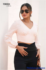 Tendenza V Neck Puff Sleeve Crop Top