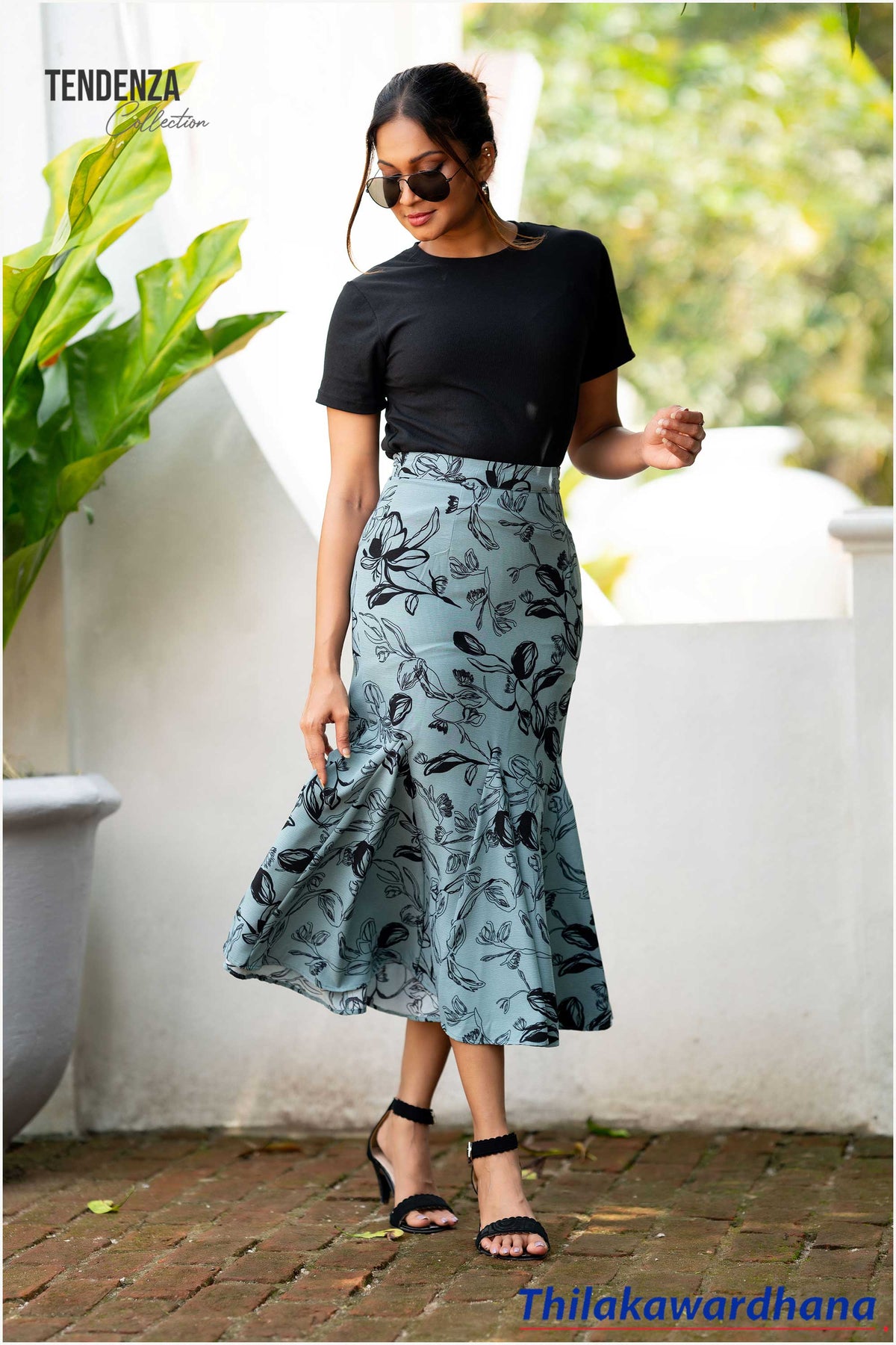 Tendenza Printed Godet Midi Skirt