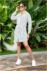 Tendenza Striped Print Belted Shirt Dress