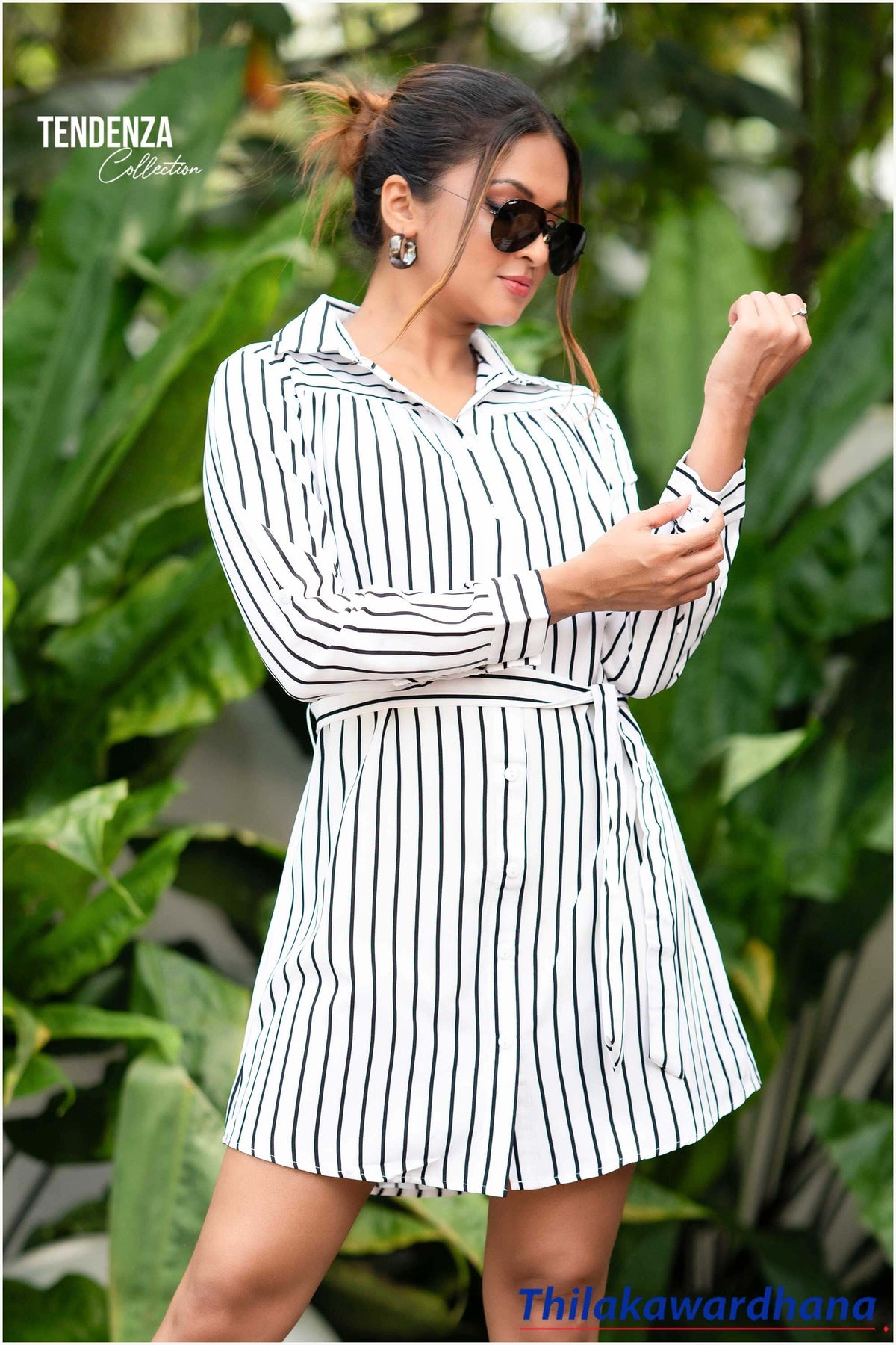 Tendenza Striped Print Belted Shirt Dress