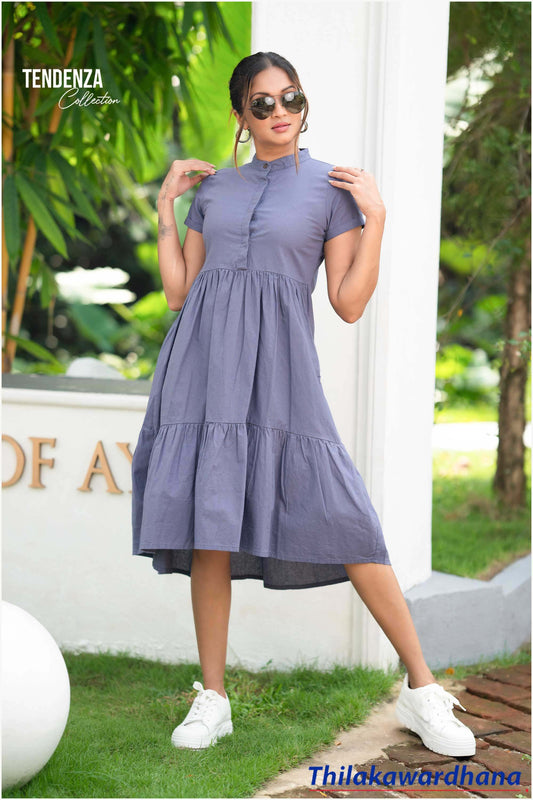 Tendenza Asymmetrical Short Sleeve Tired Linen Dress