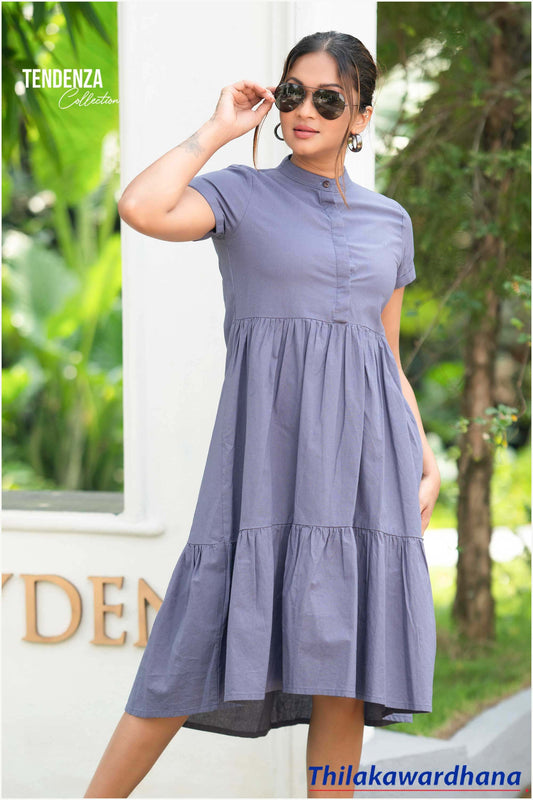 Tendenza Asymmetrical Short Sleeve Tired Linen Dress