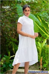 Tendenza Asymmetrical Short Sleeve Tired Linen Dress