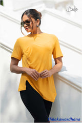 Tendenza Solid Ruched Asymmetrical Hem Tee