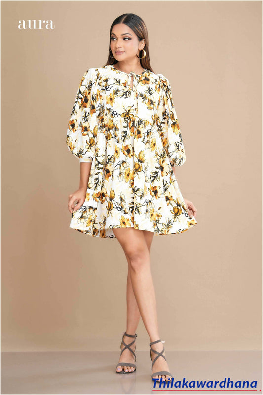 Aura Neck Tie Detailed Printed Mini Dress