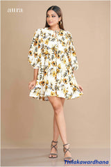 Aura Neck Tie Detailed Printed Mini Dress