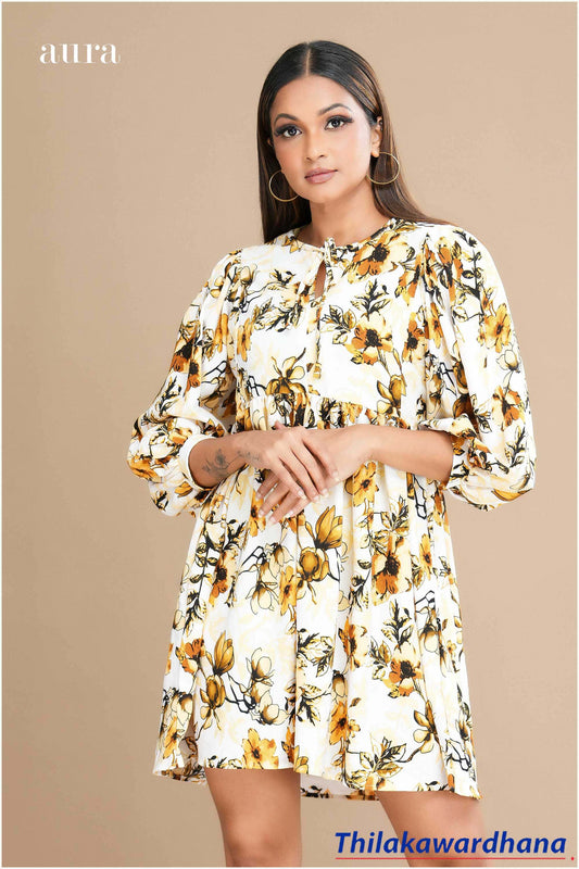 Aura Neck Tie Detailed Printed Mini Dress