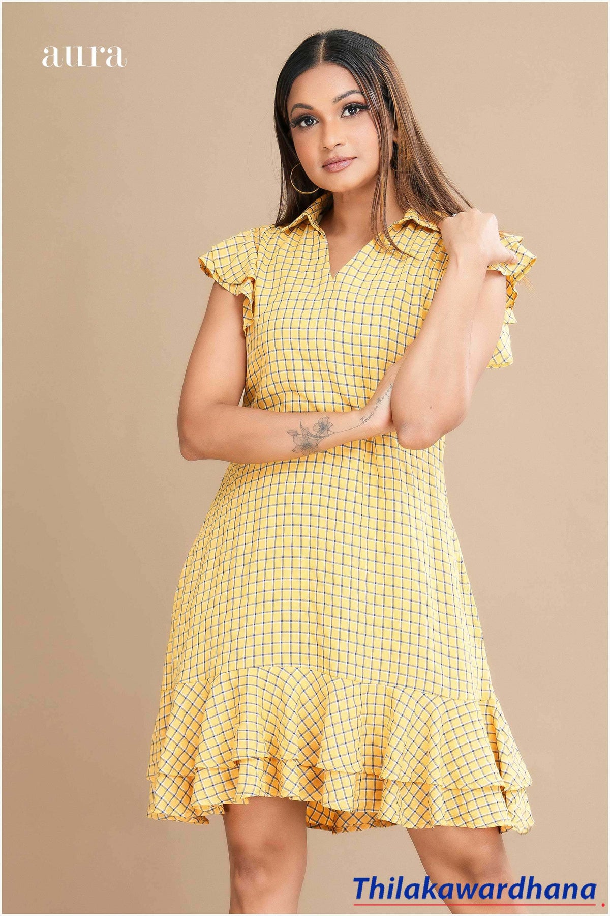 Aura Sunny Checkered Flutter Dress