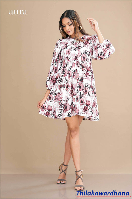 Aura Neck Tie Detailed Printed Mini Dress