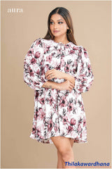 Aura Neck Tie Detailed Printed Mini Dress