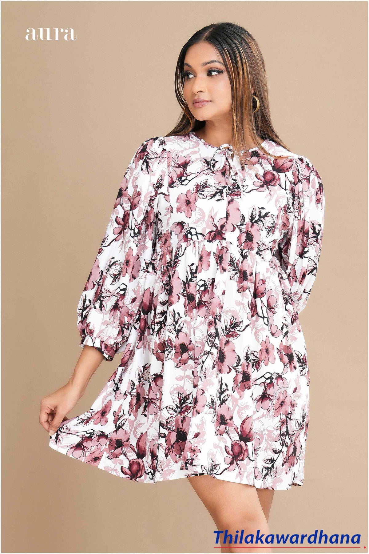 Aura Neck Tie Detailed Printed Mini Dress