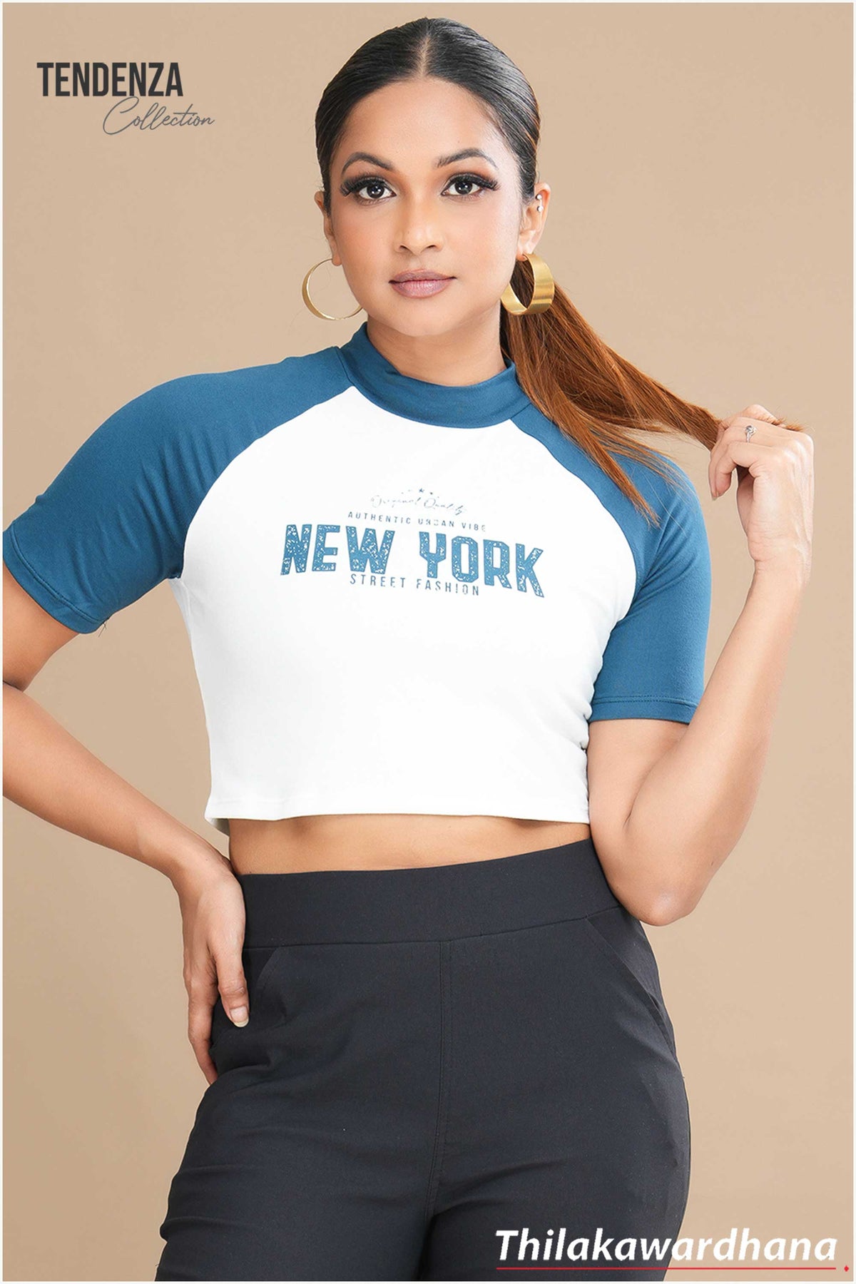 Tendenza Contrast Detailed Raglan Sleeve Crop Top