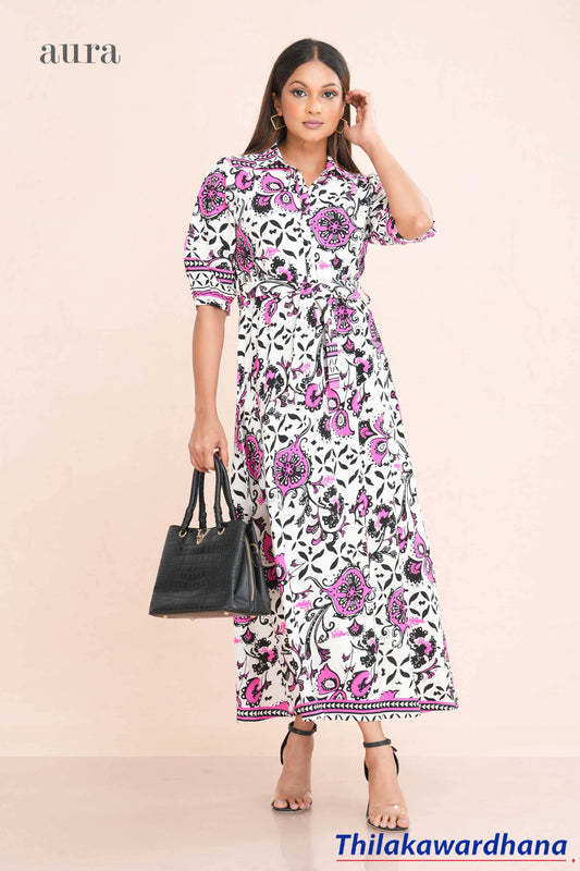 Aura Waist Belted Printed Midi Dress