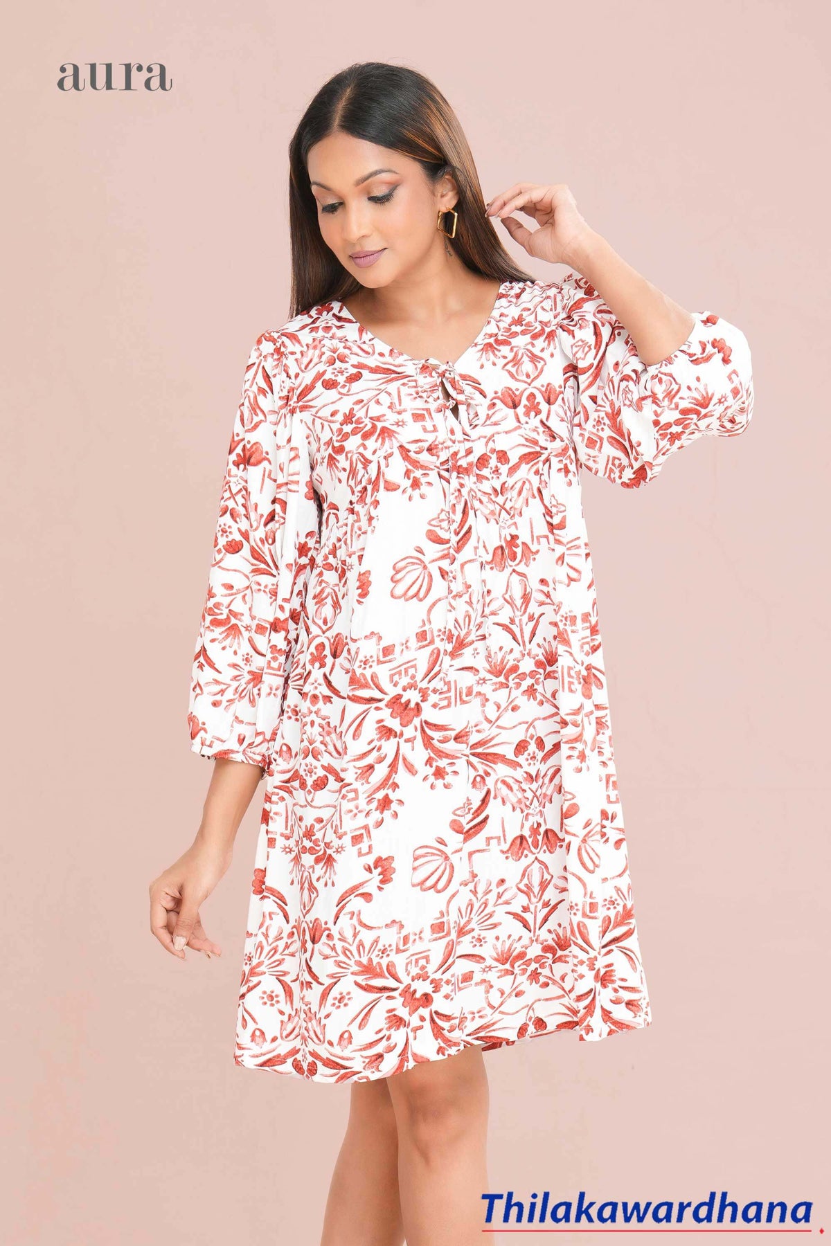 Aura Neck Tie Detailed Printed Dress