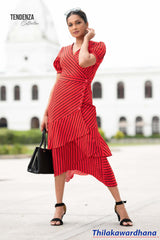 Tendenza Striped Ruffle Hem Midi Dress