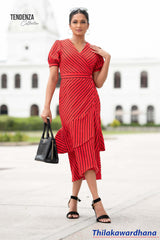 Tendenza Striped Ruffle Hem Midi Dress