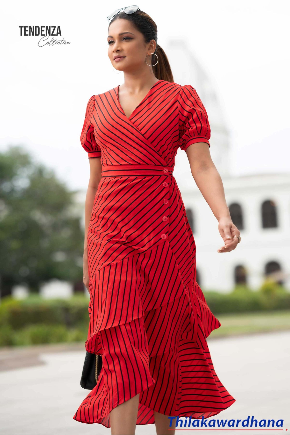 Tendenza Striped Ruffle Hem Midi Dress