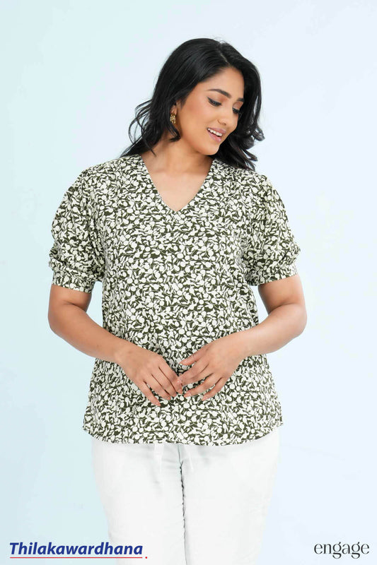 Engage Olive Bloom Puff Sleeve Top