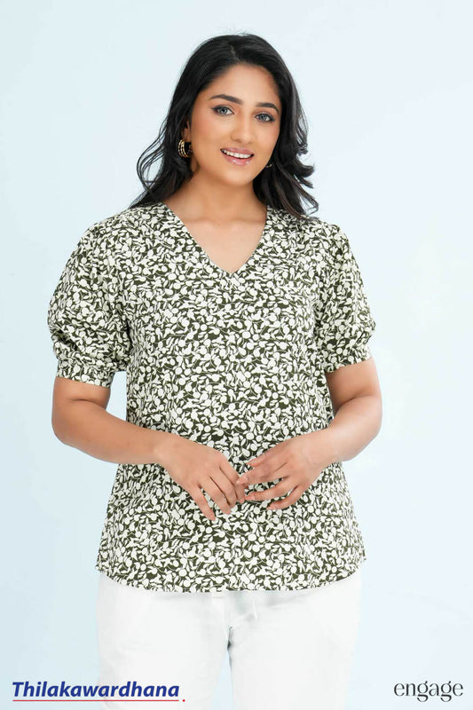 Engage Olive Bloom Puff Sleeve Top
