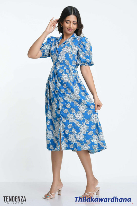 Tendenza Lapel Collar Puff Sleeve Printed Midi Dress
