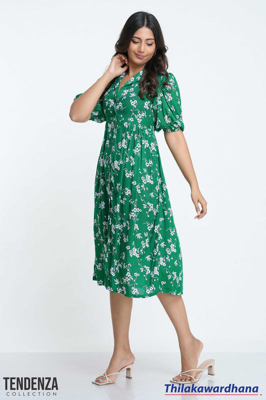 Tendenza Lapel Collar Puff Sleeve Printed Midi Dress