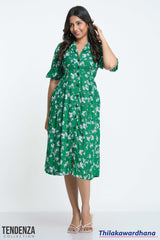 Tendenza Lapel Collar Puff Sleeve Printed Midi Dress