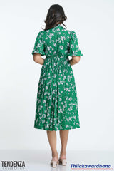 Tendenza Lapel Collar Puff Sleeve Printed Midi Dress