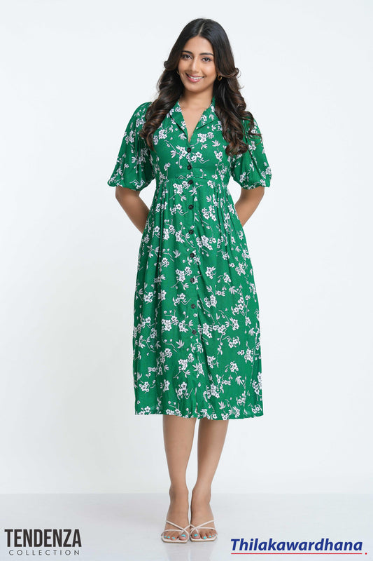 Tendenza Lapel Collar Puff Sleeve Printed Midi Dress